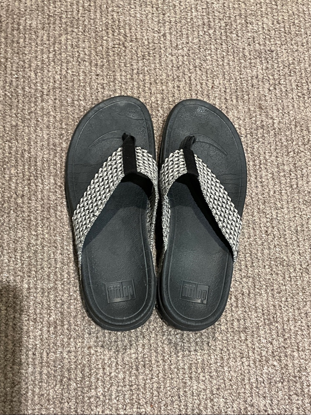 FitFlop Black with Silver Woven Thong Sandals